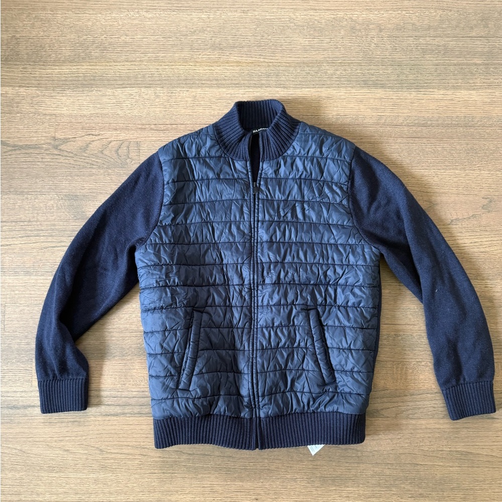 NAADAM Men's Navy Quilted Jacket with Knit Sleeves-Size Large